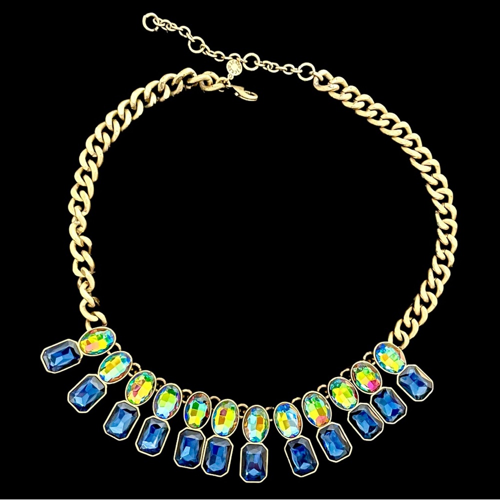 SOLD J Crew watermelon rainbow brulee statement necklace with navy rhinestones